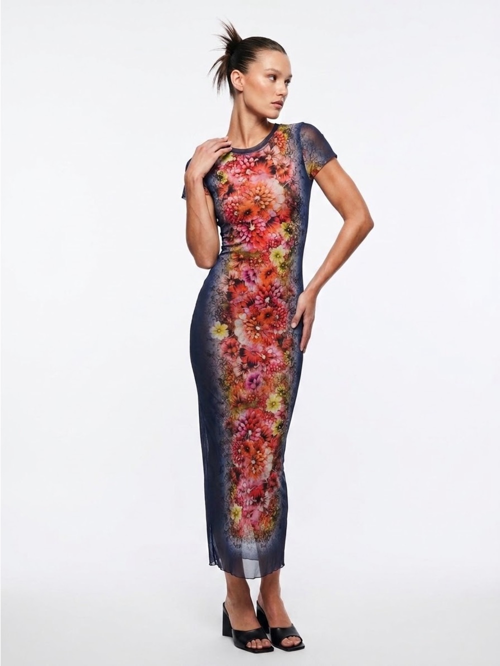 Y2K Fuzzi Mesh Floral Midi Dress Pink Blue Size Medium